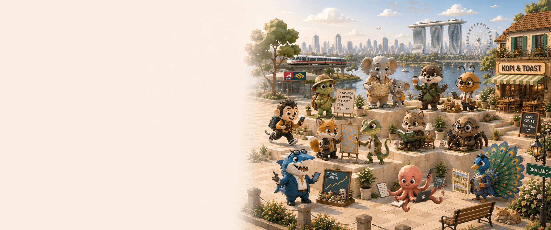 Illustrated Singapore property lifestyles beside the Marina Bay skyline